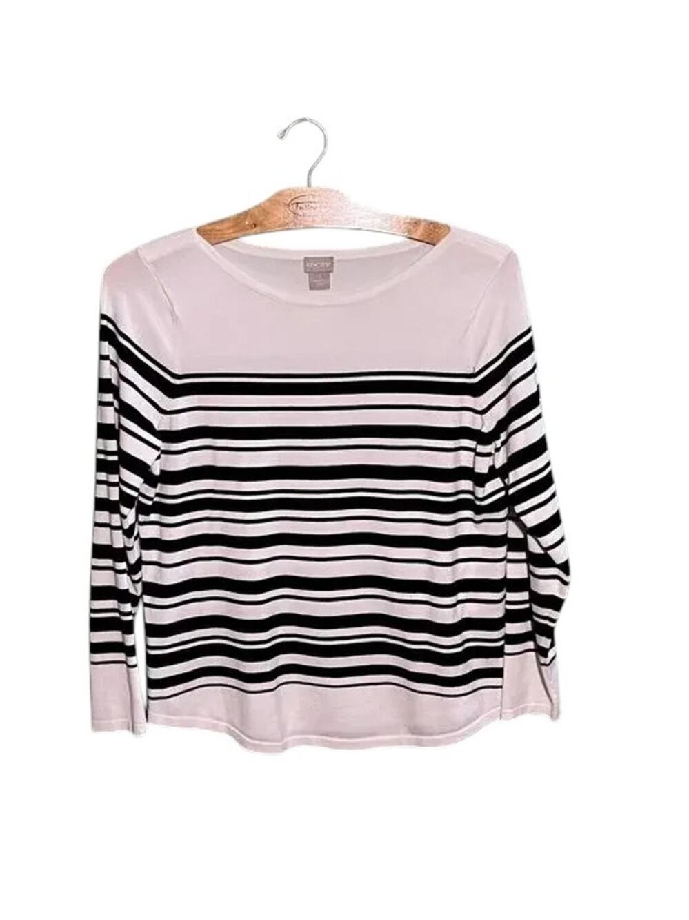 Chicos Size 2 White Black Striped Long Sleeve Top Relaxed Fit